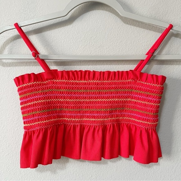 Maaij Camelia Fiesta Red Ruffled Smocked Crop Bikini Top Size 12 Swim Beach - Picture 7 of 11